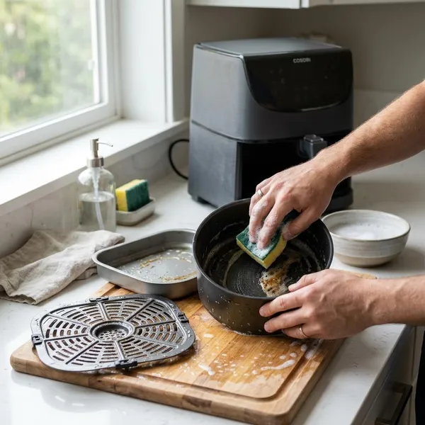 Zo maak je een aangekoekte airfryer schoon